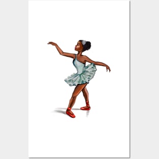 Ballerina in blue green dress and in red shoes - ballerina doing pirouette in red tutu and red shoes  - brown skin ballerina Posters and Art